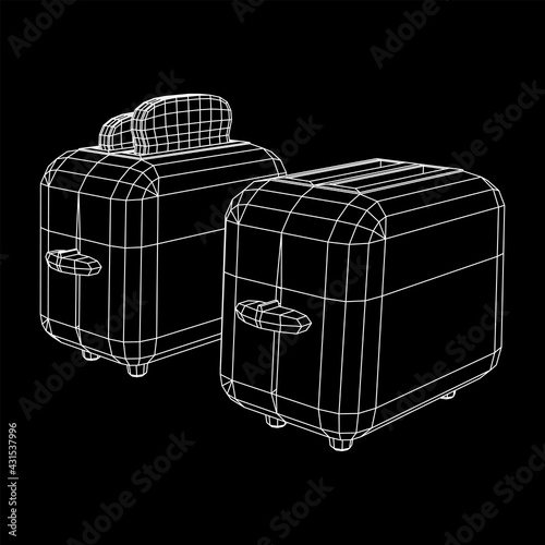 Toaster with two fried pieces of loaf prepared for a breakfast. Wireframe low poly mesh vector illustration.