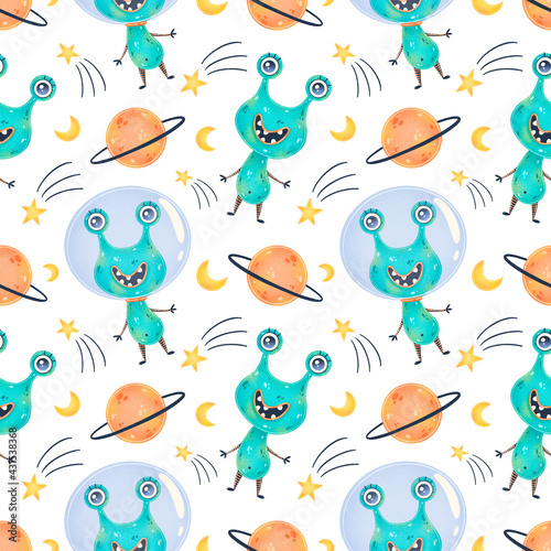 Cute cartoon aliens seamless pattern. UFO pattern. Cute monsters seamless pattern.
