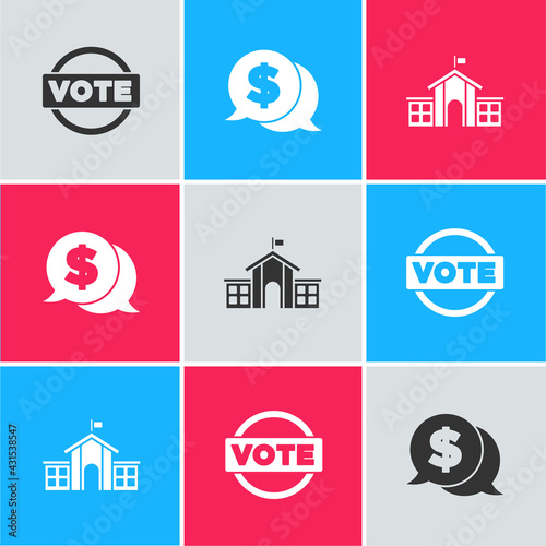 Set Vote, Coin money with dollar and United States Capitol Congress icon. Vector