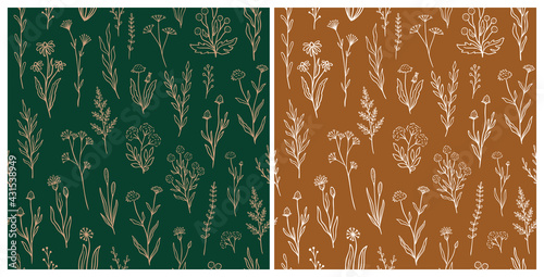 Wildflower seamless pattern set with outline florals. Retro style print design collection with hand drawn flowers in rustic colors. Simple field floral patterns for packaging, fabric design