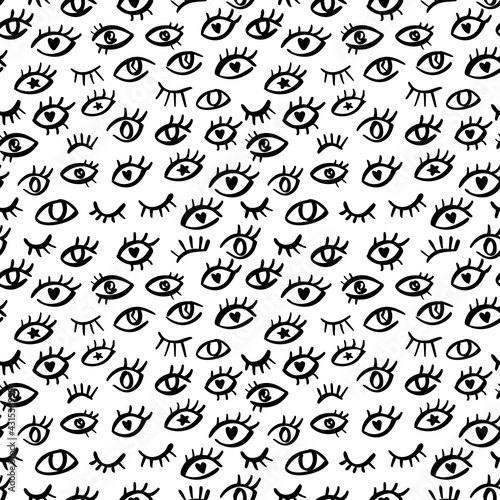 Fototapeta Naklejka Na Ścianę i Meble -  Eye seamless pattern with abstract doodle look. Simple style print design with hand drawn evil eyes. Hipster graphic pattern for packaging, fabric design.
