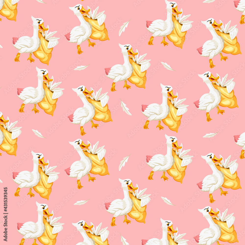 Animal character goose with goose feather pillow seamless pattern in cartoon style Animal character goose with goose feather pillow seamless pattern in cartoon style