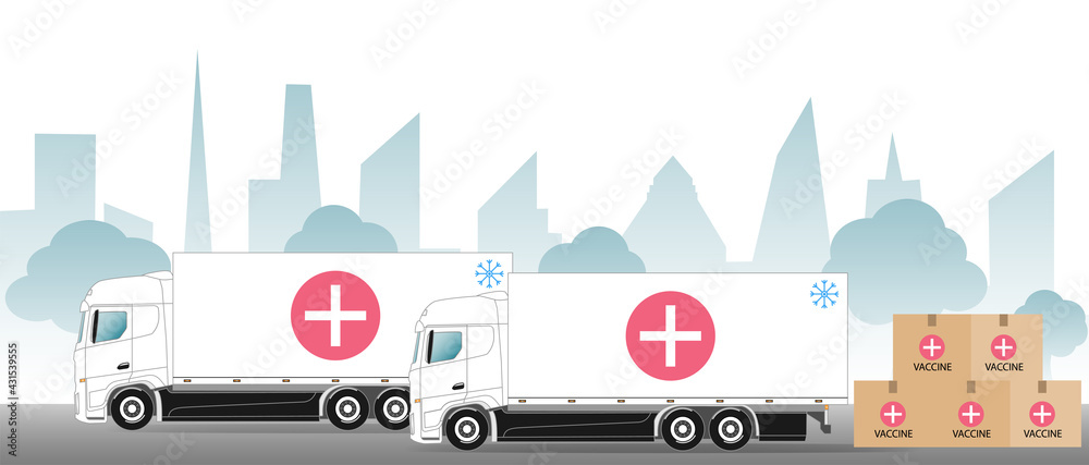 Covid-19 vaccine delivery. Shipping the coronavirus vaccine. Two cold storage trucks, boxes with vaccine, landscape. Vector illustration.