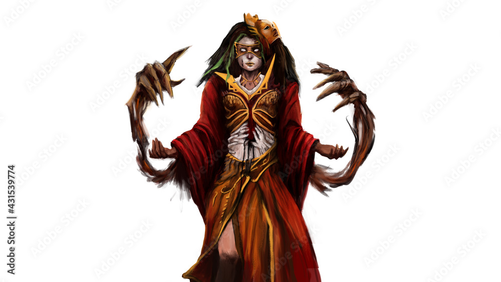 a girl in a mask stands with her arms spread apart. she is wearing a mask and a red dress with gold patterns. hands on the stomach. next to it, she created magic hands. she is a witch. 2D illustration