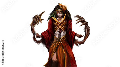 a girl in a mask stands with her arms spread apart. she is wearing a mask and a red dress with gold patterns. hands on the stomach. next to it, she created magic hands. she is a witch. 2D illustration