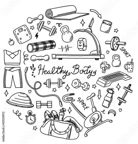 Set of hand drawn sport doodle with ball, bottle, medal, food, diet, fitness and gym elements. Cartoon sketch style. Vector illustration for healthy and activity life design concept.