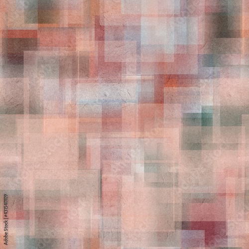 Seamless overlaid geometric shape pattern print. High quality illustration. Transparent rectangles filled with gradient colors scattered. Handmade paper texture overlay.