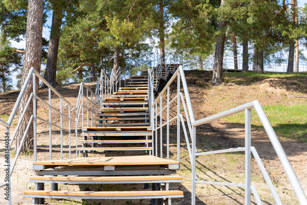 Wooden staircase with metal railing in a pine forest Wooden staircase with metal railing in a pine forest