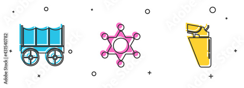 Set Wild west covered wagon, Hexagram sheriff and Revolver gun in holster icon. Vector