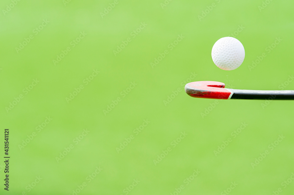 Field hockey stick and ball on green background. Professional sport concept Field hockey stick and ball on green background. Professional sport concept