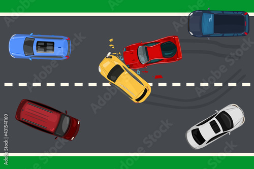 Two car accident top view.  Vehicle collision on the road. Car crash concept. Highroad with crashed transport. Red and yellow car are broken in the highway. Auto insurance. Stock vector illustration