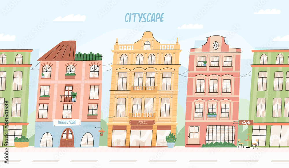 Seamless vector cityscape. European city buildings, hotel, bookstore, cafe. Urban landscape and building facade.