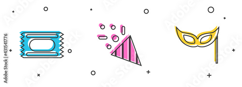 Set Circus ticket, Festive confetti and mask icon. Vector