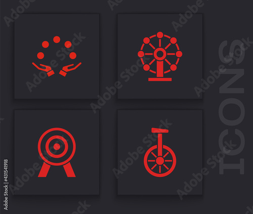 Set Unicycle or one wheel bicycle, Juggling ball, Ferris and Target icon. Vector