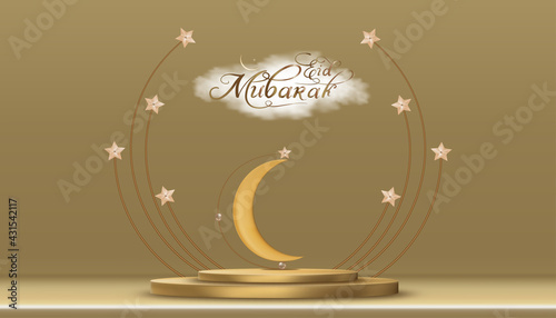 Eid Mubarak greeting card with Crescent Moon and Star on Golden Podium, Vector background for Muslim Product Showcase, presentation, Ramadan or Eid Mubarak Sale, Design for Muslim community festival