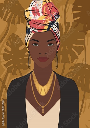 Beautiful young black african woman wearing an African-style turban head warp, vector illustration