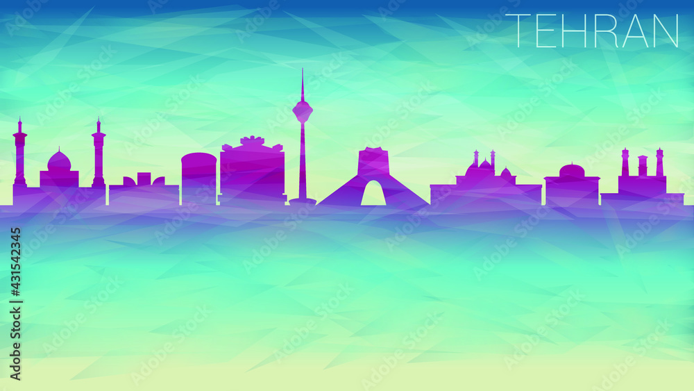 Tehran Iran Skyline City Silhouette. Broken Glass Abstract Geometric Dynamic Textured. Banner Background. Colorful Shape Composition.