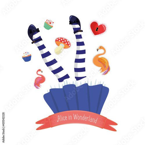 Alice in Wonderland falling down surrounded by flamingos, amanita, cupcakes and heart.