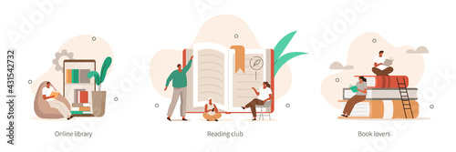 Various Online Education, Knowledge and Library Icons. People Characters Reading Books. Girls and Boys  with Open Books in Hands  Studying in Library. Flat Cartoon Vector Illustration.