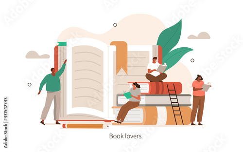 People Characters Reading Books. Male and Female Students with Open Books in Hands. Girls and Boys Studying in Library. Education and Knowledge Concept. Flat Cartoon Vector Illustration.

