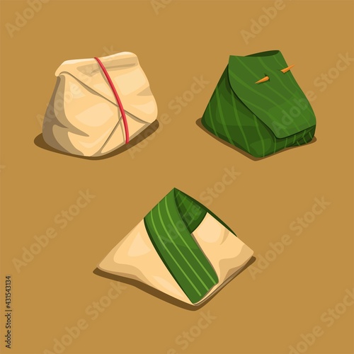 Rice wrap in banana leaf and paper asian traditional food symbol concept in cartoon illustration vector photo