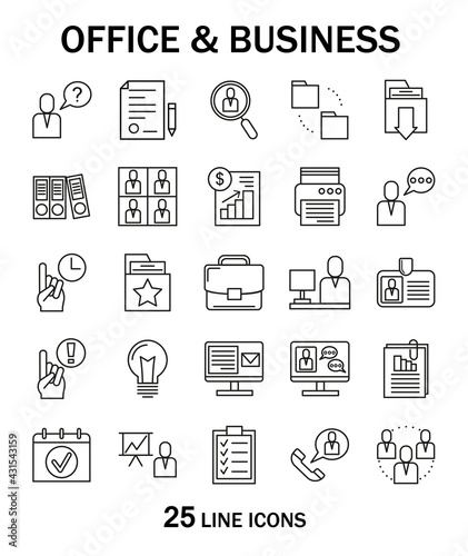 Set of thin line web icons for office work and business. Document, online job, presentation, idea, brainstorm, time management, profit, communication, planning. Icon collection. Vector illustration. 