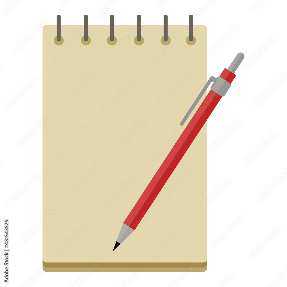 Notebook on springs with a blank white sheet and a pen or pencil. Clipart on a white isolated background. Vector illustration in cartoon flat style fun Notebook on springs with a blank white sheet and a pen or pencil. Clipart on a white isolated background. Vector illustration in cartoon flat style fun