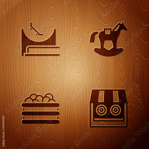Set Shooting gallery, Skate park, Pool with balls and Horse saddle swing on wooden background. Vector