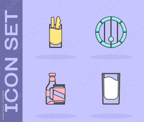 Set Shot glass, Cocktail Bloody Mary, Beer bottle and beer can and Wooden barrel icon. Vector