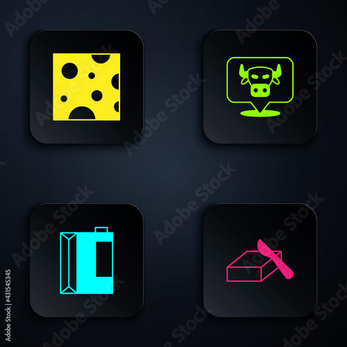 Set Butter in a butter dish, Cheese, Paper package for kefir and Cow head. Black square button. Vector