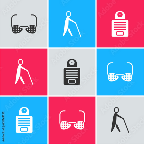 Set Blind glasses, human holding stick and Intercom icon. Vector