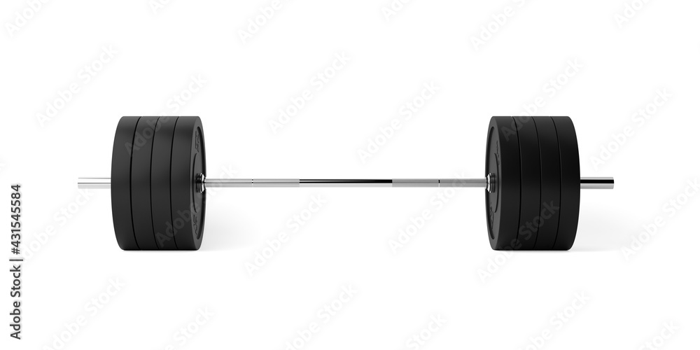 Barbell with chrome handle and black plates front view on white background, sport, fitness, exercise or weightlift concept Barbell with chrome handle and black plates front view on white background, sport, fitness, exercise or weightlift concept