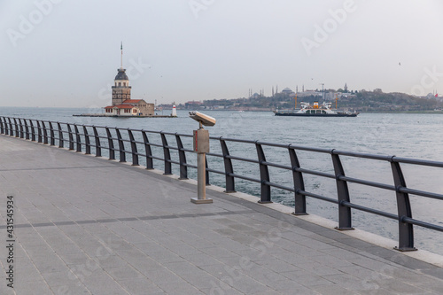 Photography View of The Maiden's Tower since the medieval Byzantine period, is a tower on a small islet at the southern entrance of the Bosphorus strait in Uskudar, Istanbul, Turkey, 2021