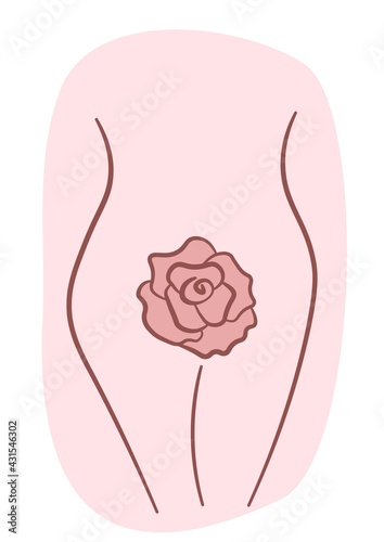 Abstract body silhouette of naked woman covered with pink rose. Surrealistic line drawing. Modern continuous line art