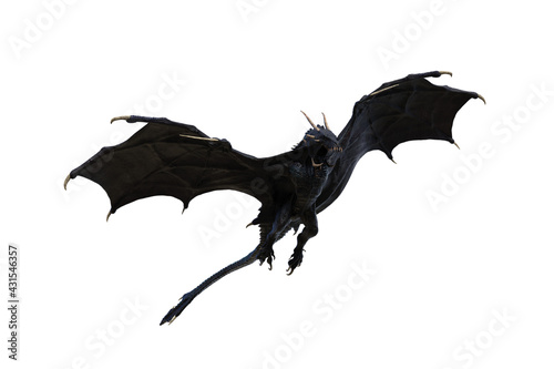 3D illustration of a black dragon or wyvern flying in aggressive pose isolated on white.