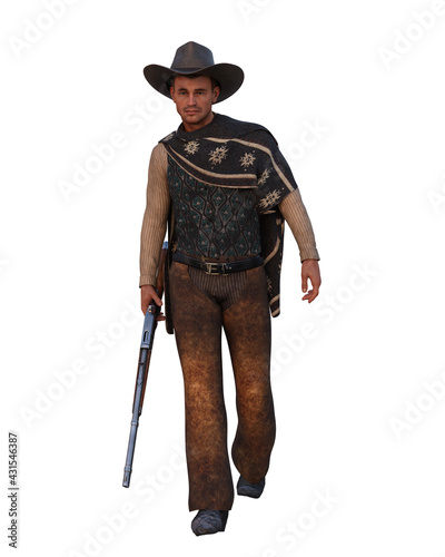 3D illustration of a wild west cowboy man walking with a rifle in his hand isolated on white.