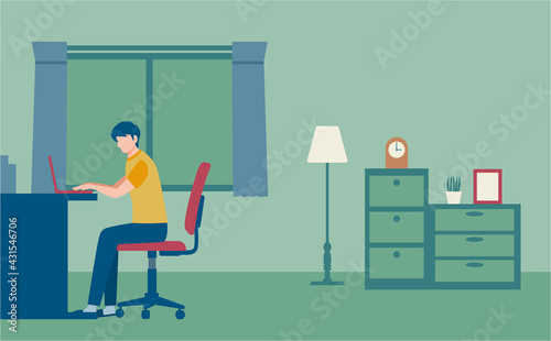 部屋でデスクワークをしている男性　人物フラットイラスト