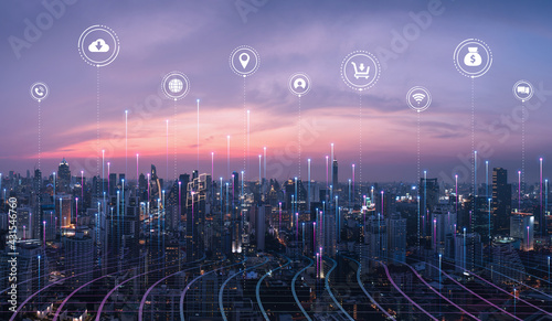 Fototapeta Naklejka Na Ścianę i Meble -  Smart city dot point connect with gradient grid line, internet of things connection metaverse technology icon concept. Night city with big data. 
