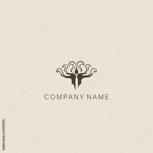 An Asian, stylized symbol or logo of the lotus flower, consisting of several elements. Made with a curved thin line and spot.