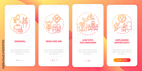Job transition reasons onboarding mobile app page screen with concepts