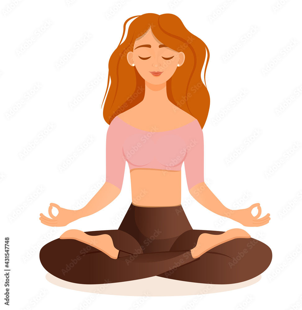 Young red haired girl sitting in lotus pose at home. Vector illustration isolated on white background of the woman doing yoga, meditation, healthy lifestyle. Crossed legs.