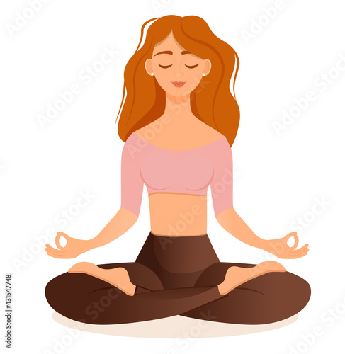 Young red haired girl sitting in lotus pose at home. Vector illustration isolated on white background of the woman doing yoga, meditation, healthy lifestyle. Crossed legs.