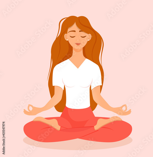 Young red haired girl sitting in lotus pose at home. Vector illustration isolated on pink background of the woman doing yoga, meditation, healthy lifestyle. Crossed legs.