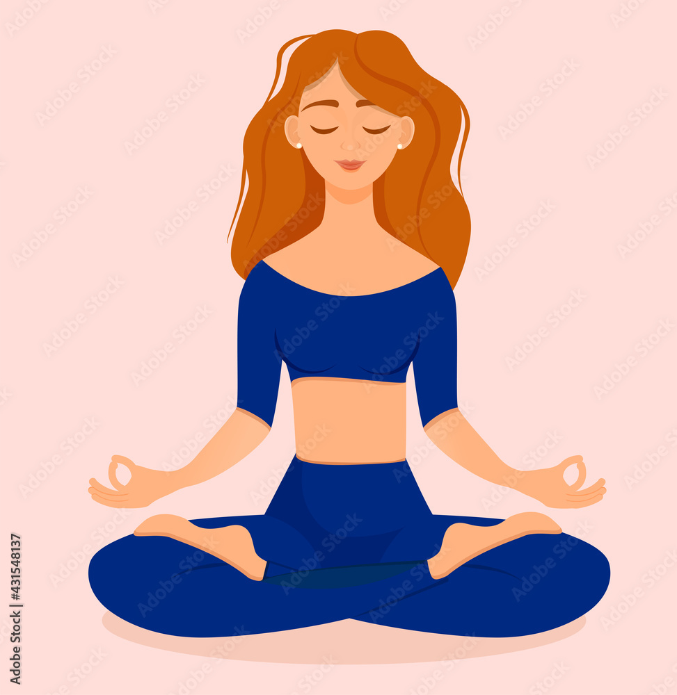 Young red haired girl sitting in lotus pose at home in a blue tracksuit. Vector illustration isolated on pink background of the woman doing yoga, meditation, healthy lifestyle. Crossed legs.