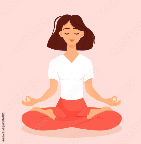 Young brunette with bob hairstyle girl sitting in lotus pose at home. Vector illustration isolated on pink background of the woman doing yoga, meditation, healthy lifestyle. Crossed legs.