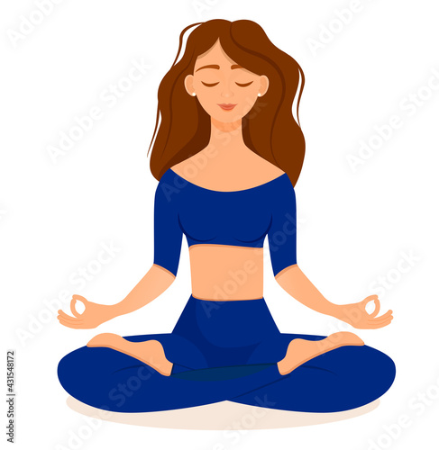 Young brunette sitting in lotus pose at home in a blue tracksuit. Vector illustration isolated on white background of the woman doing yoga, meditation, healthy lifestyle. Crossed legs.