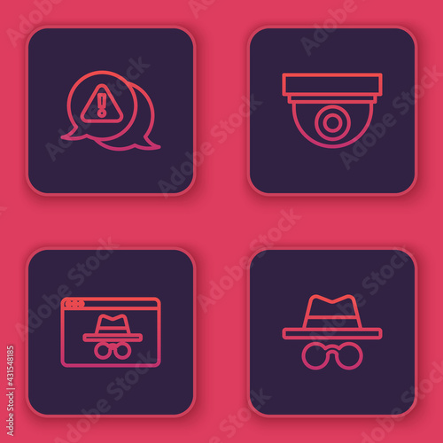 Set line Exclamation mark in triangle, Browser incognito window, Security camera and Incognito mode. Blue square button. Vector