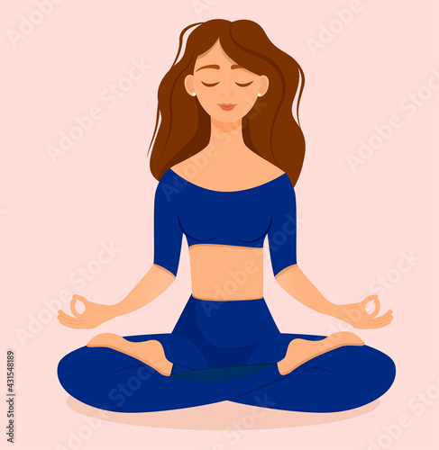Young brunette girl sitting in lotus pose at home in a blue tracksuit. Vector illustration isolated on pink background of the woman doing yoga, meditation, healthy lifestyle. Crossed legs.