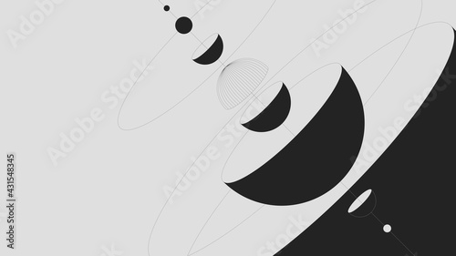 Composition of abstract geometric shapes, spheres and hemispheres of various sizes, minimalistic brutalism in monochrome colors, vector background for poster art and prints