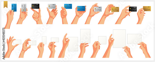Set of realistic human hands, gestures and movement with bank cards, business card and paper leaves isolated vector illustrations white background